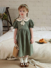 Girls' Vintage Style Cotton Dress With Embroidered Floral Collar And Puff Sleeves